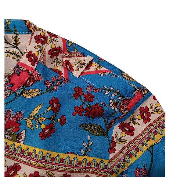 Artsy Colorful‎ Floral V-Neck Button Blouse Top XL Long or 3/4 Roll Tab Sleeves - Picture 6 of 10